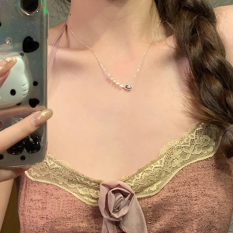 Silver Heart Pearl Necklace